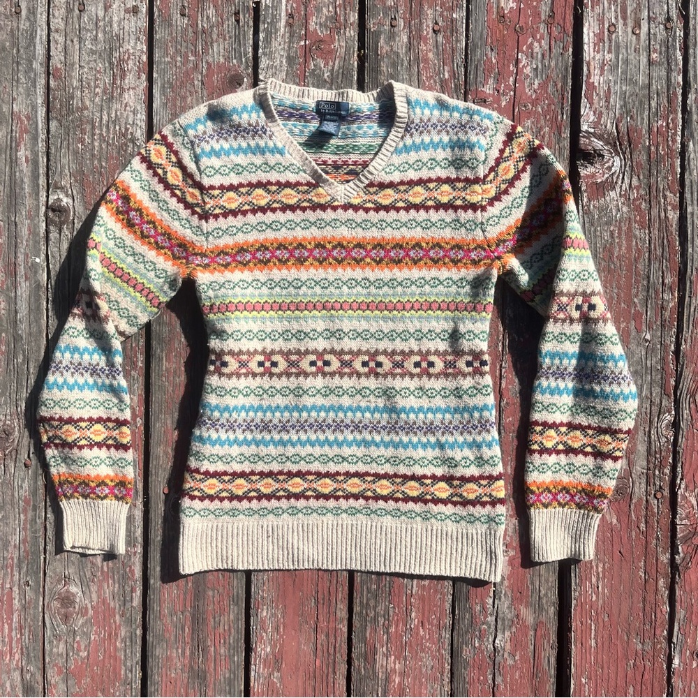 Polo By Ralph Lauren Fair Isle Wool Blend Hand Knit Womens Sweater